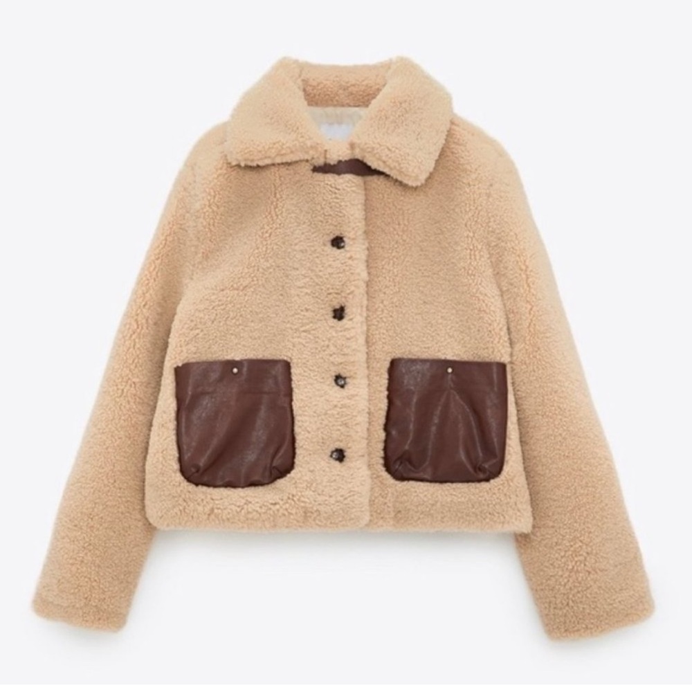 Zara brown teddy cropped beige bomber Sherpa Fuad leather pockets